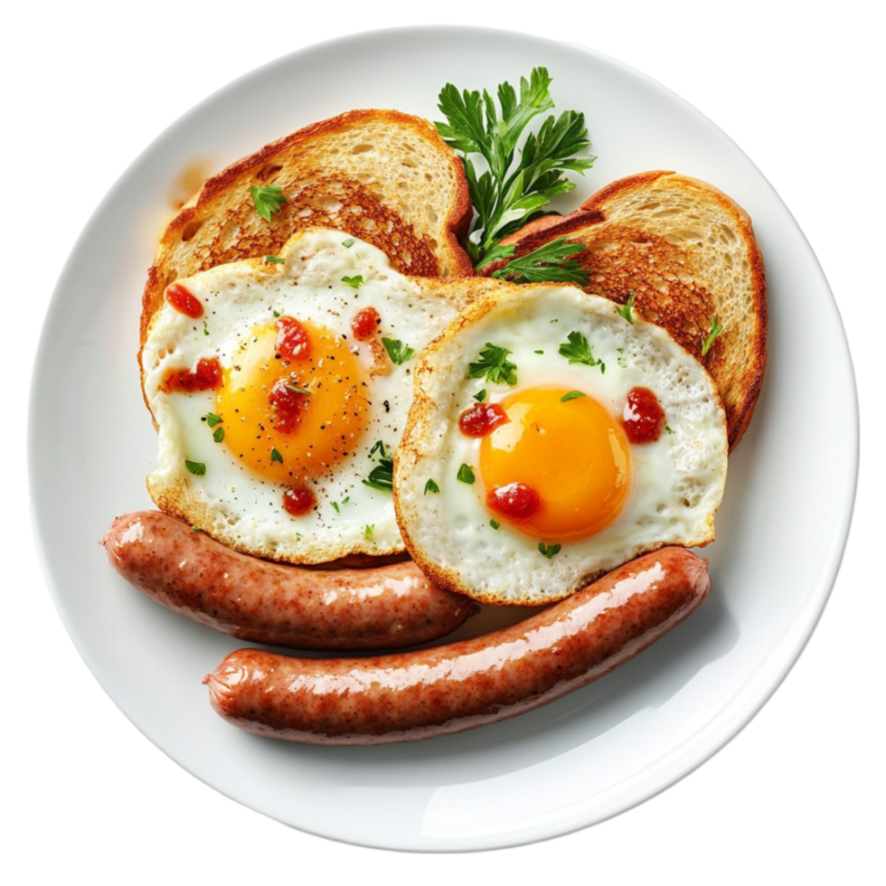 Eggs, sausage and toast on a plate png