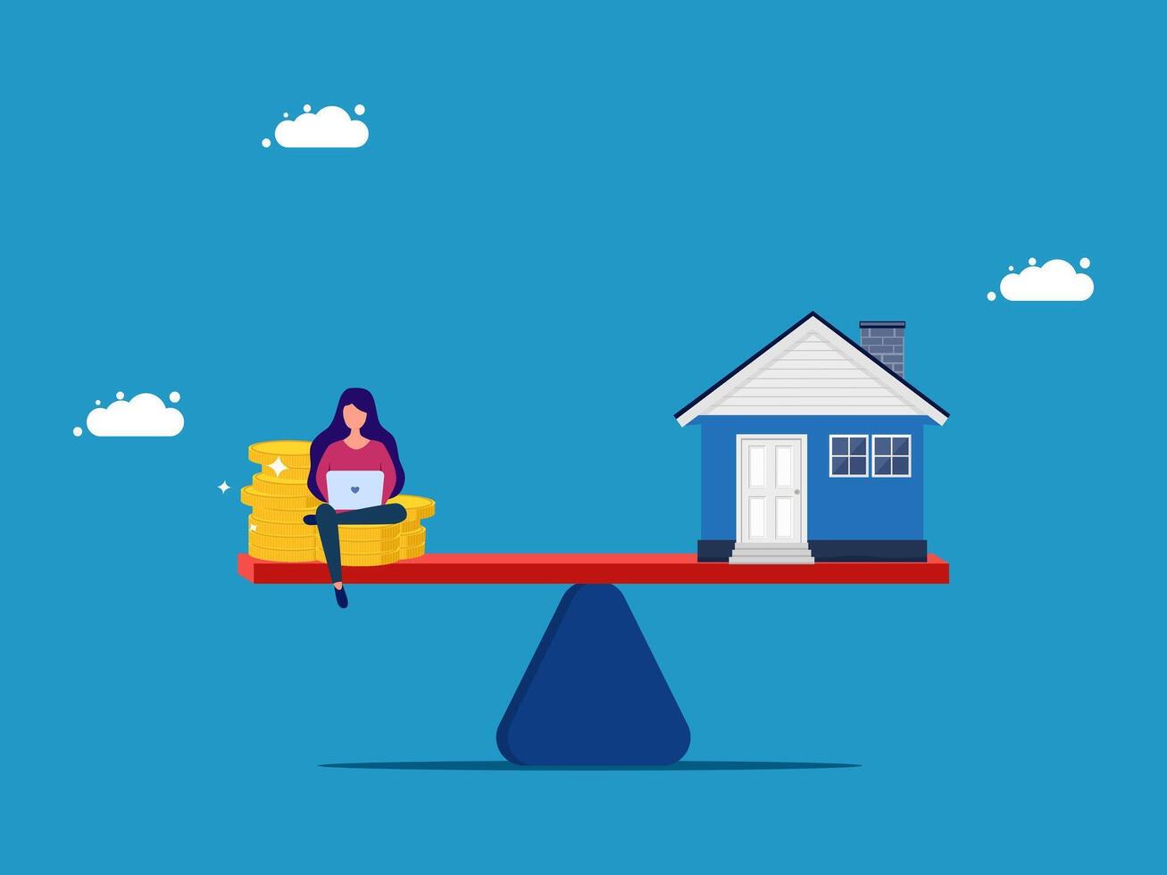 a woman sitting on a balance with a house and money vector