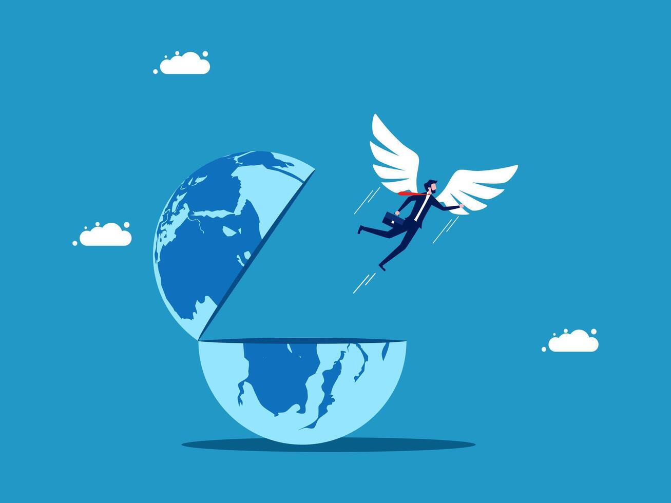 businessman flying over the world with wings vector