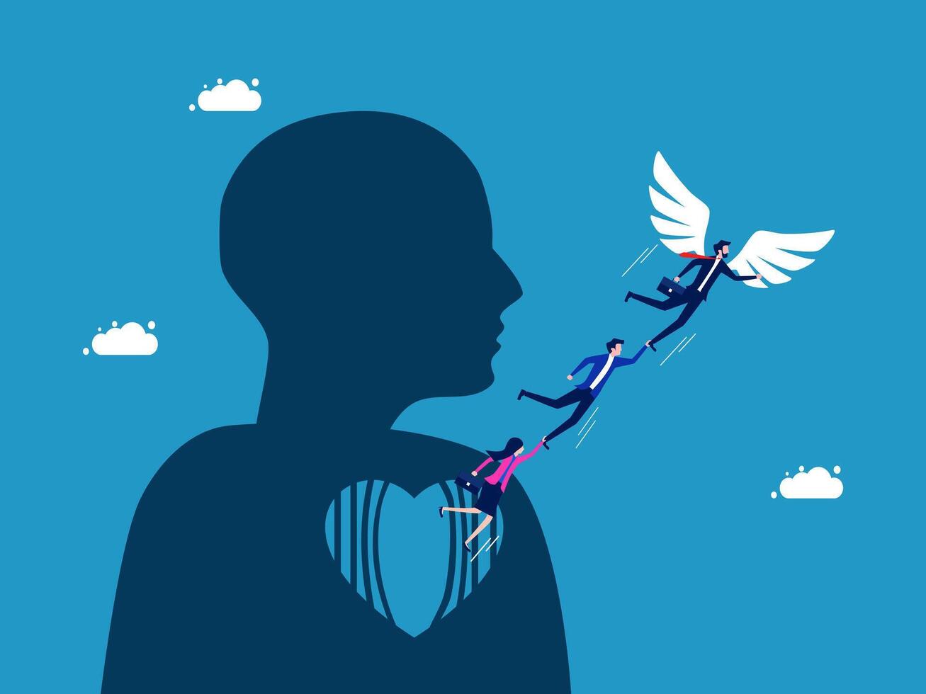 team businessman with wings flying over a heart vector
