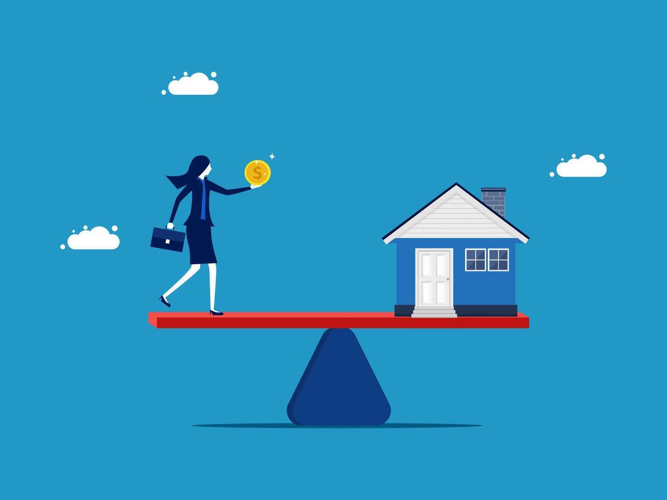 a woman is balancing on a scale with a house and coin vector