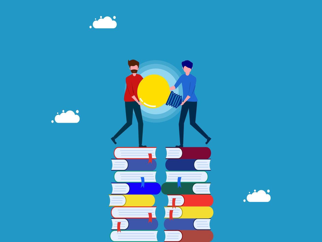 two people are standing on top of books vector
