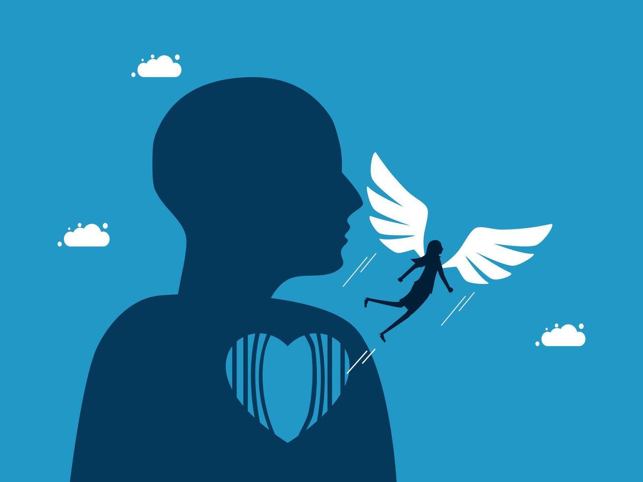 a silhouette of a woman with wings flying over his heart vector