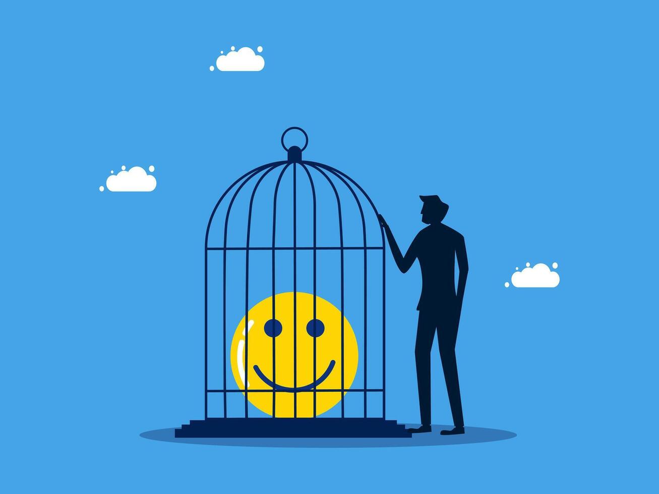 Happy face locked in a cage by a man vector