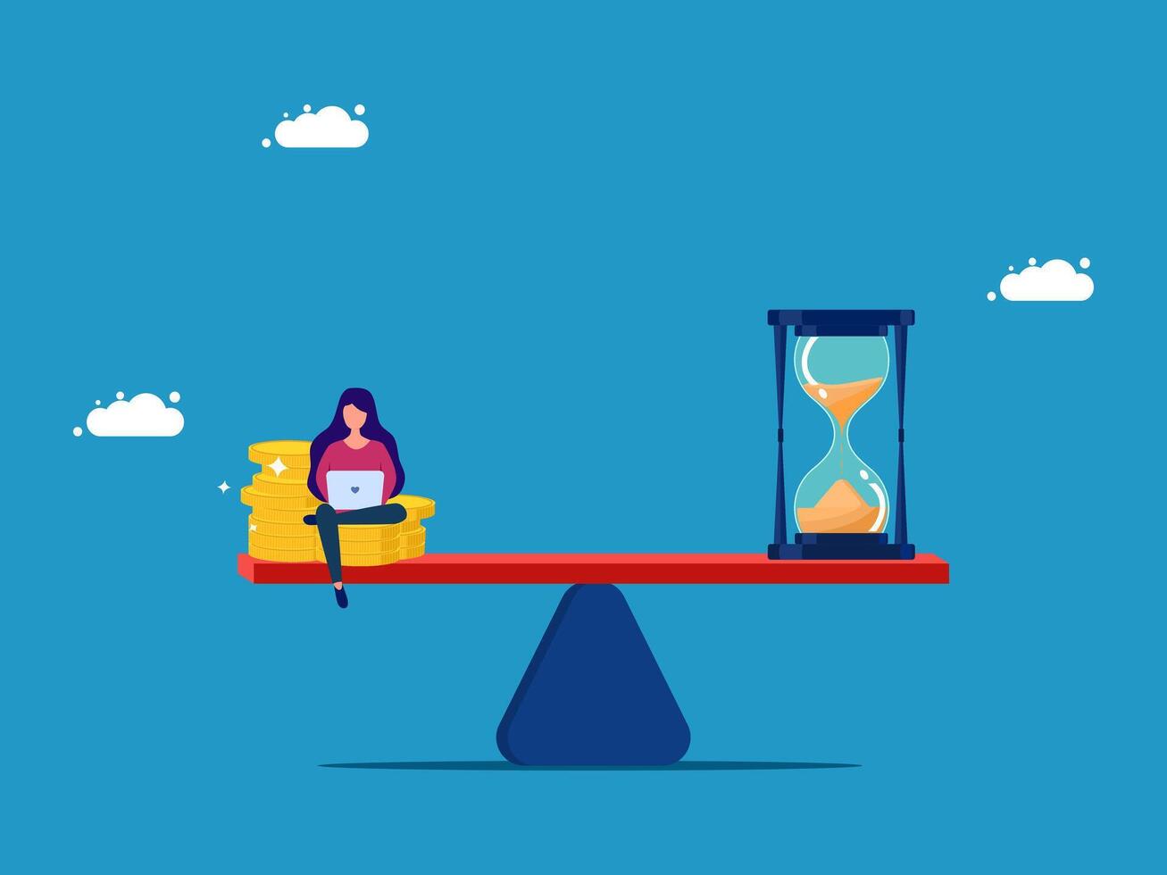 time management concept with woman sitting on the scales with hourglass and money vector