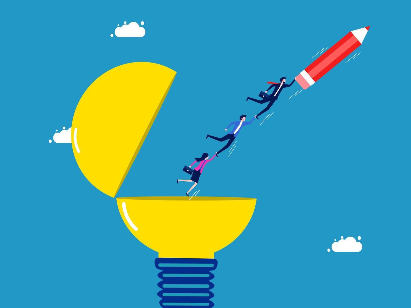 Team of businessmen flying pencils out of light bulbs vector