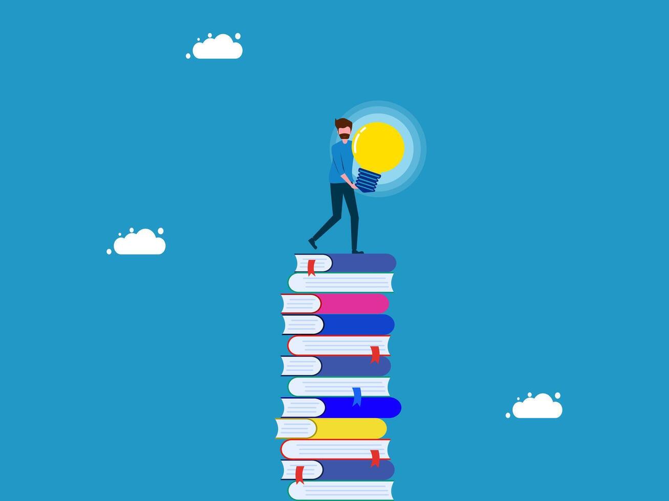 men standing on top of a stack of books with a light bulb in the middle vector