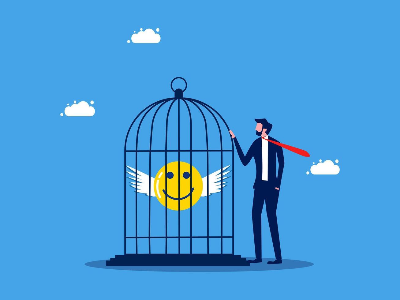 Happy face locked in a cage by a businessman vector