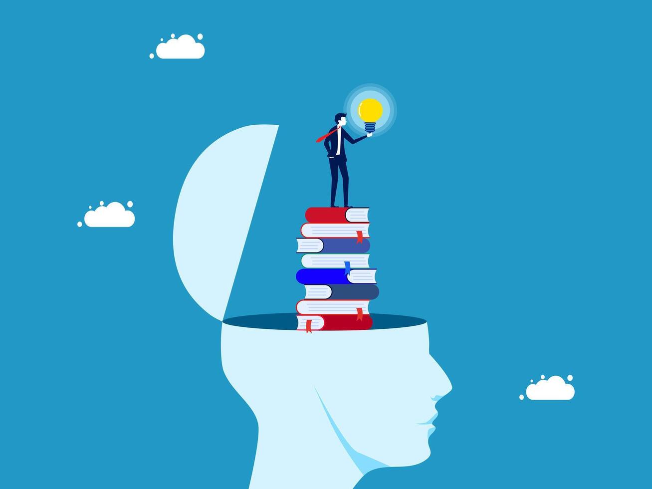 businessman standing on top of a stack of books with a light bulb above it vector