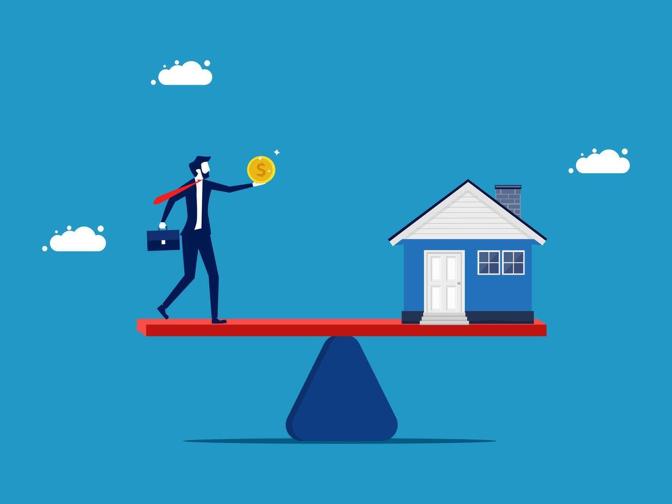 businessman balancing on scales with house and coin vector