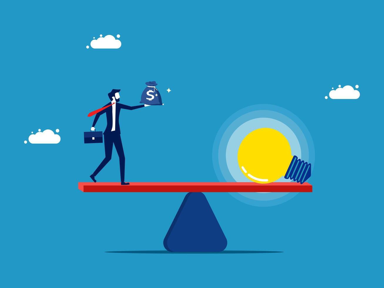 businessman balancing on scales with light bulb and money vector
