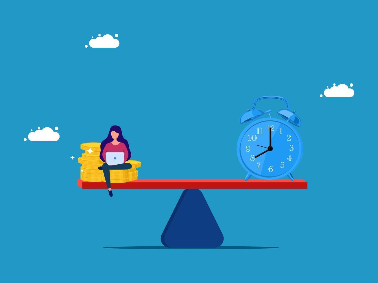 woman sitting on a balance with an alarm clock vector