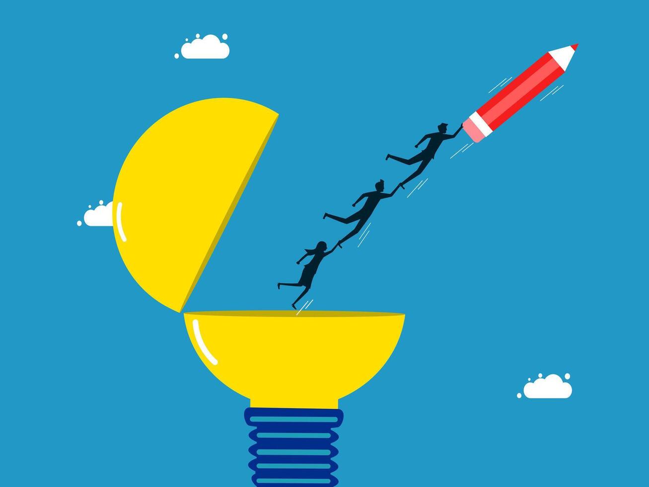 business team flying pencils out of light bulbs vector