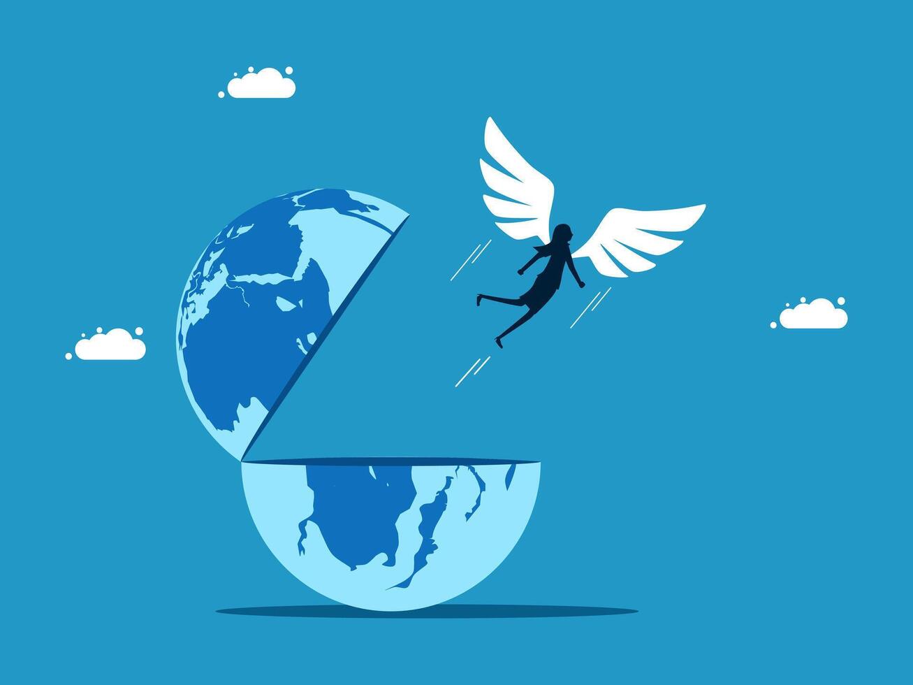 woman flying over the world with wings vector