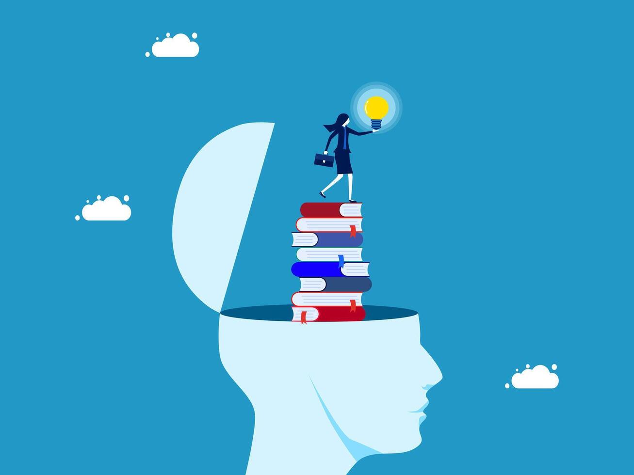 businesswomen standing on top of a stack of books with a light bulb above it vector