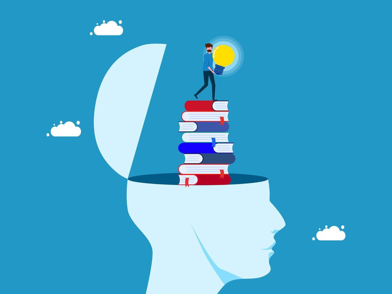 man standing on top of a stack of books with a light bulb above it vector