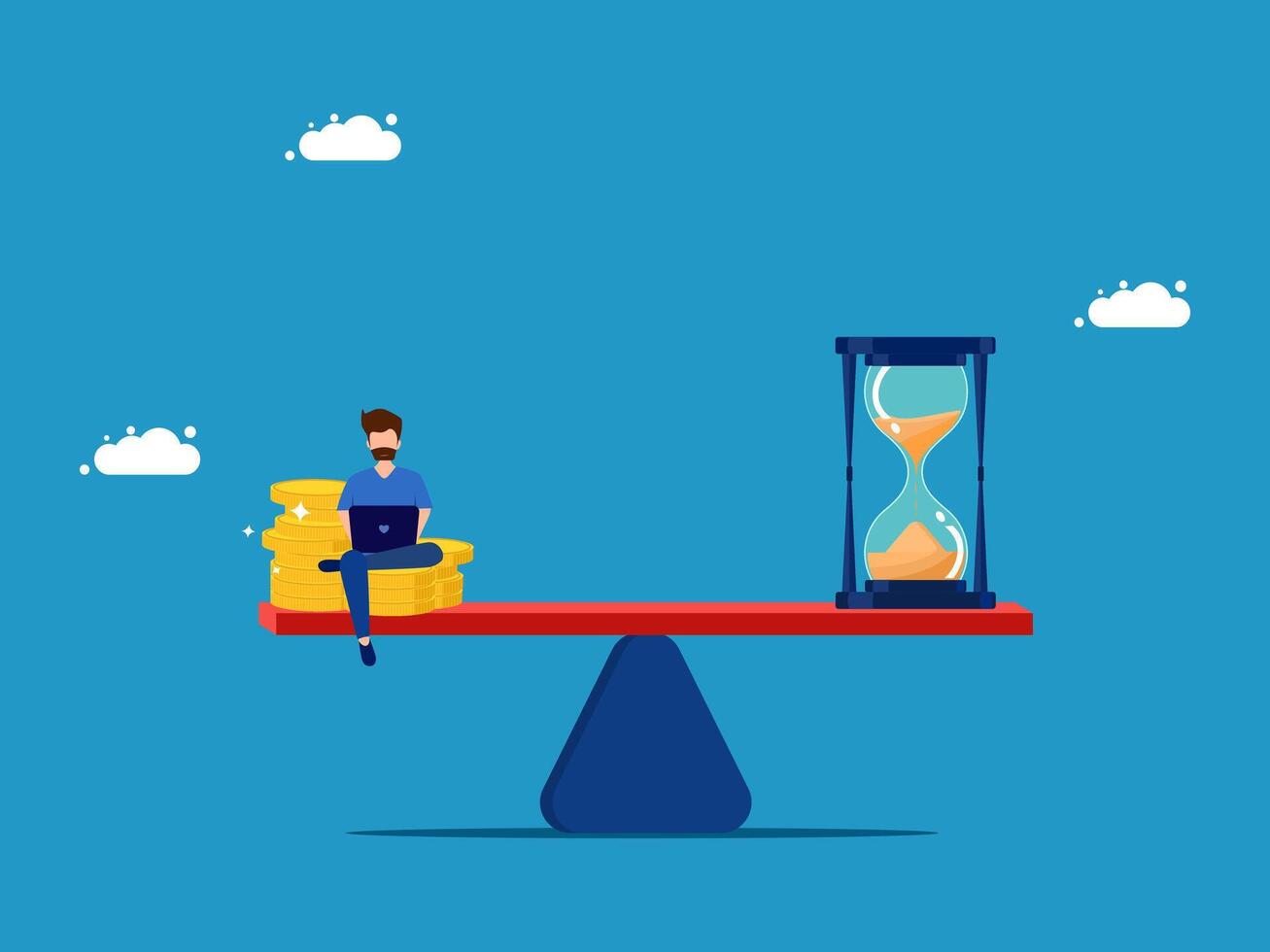 time management concept with businessman sitting on the scales with hourglass and money vector