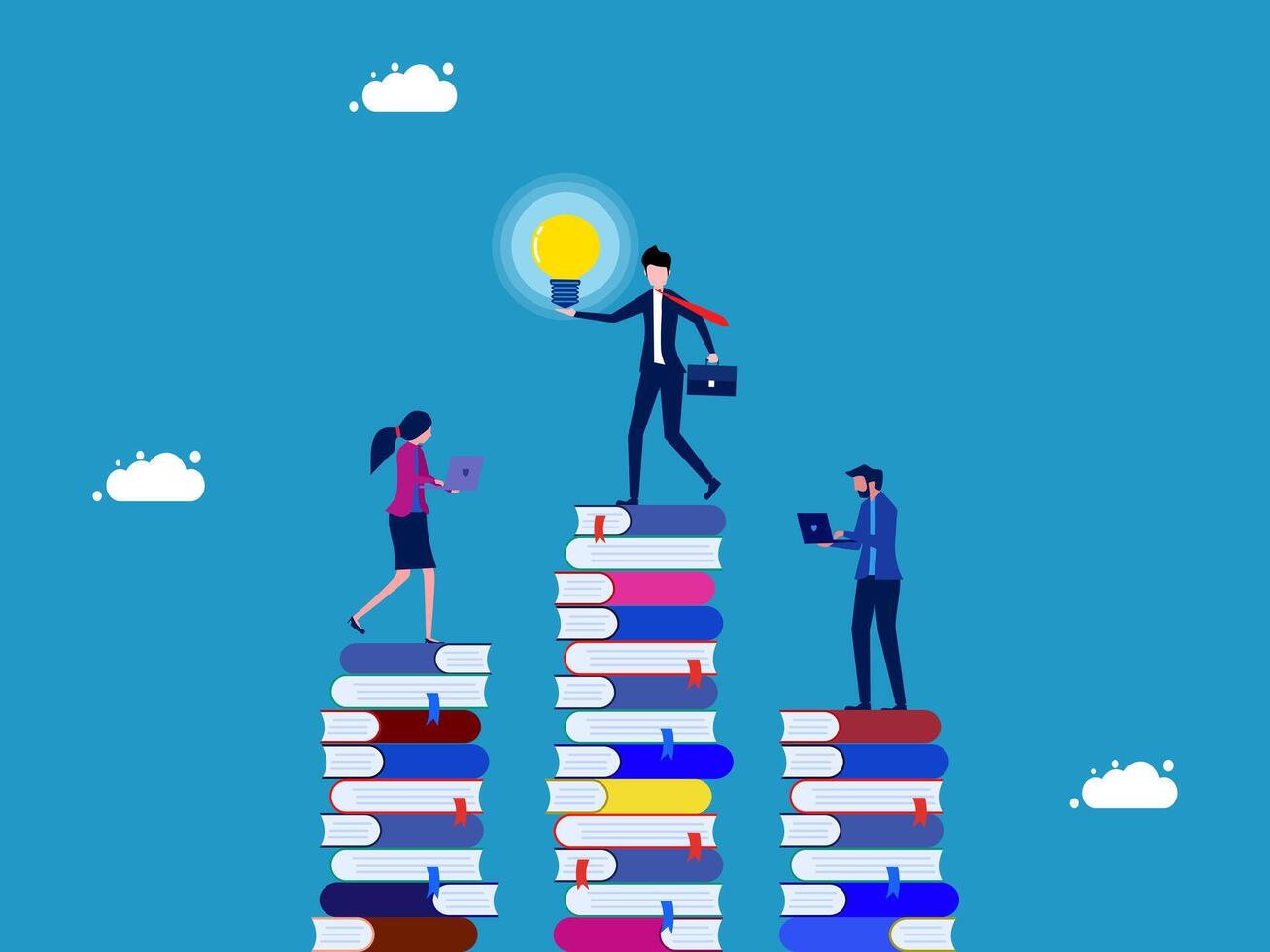 Business leader holding a light bulb on a stack of books vector