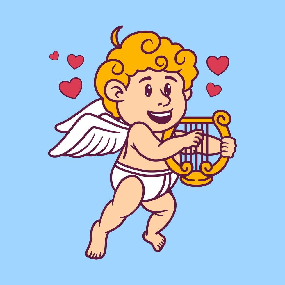 Cute cartoon illustration of Cupid angel playing harp on Valentine's Day vector