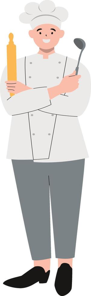 Professional Chef Holding Rolling Pin and Ladle vector