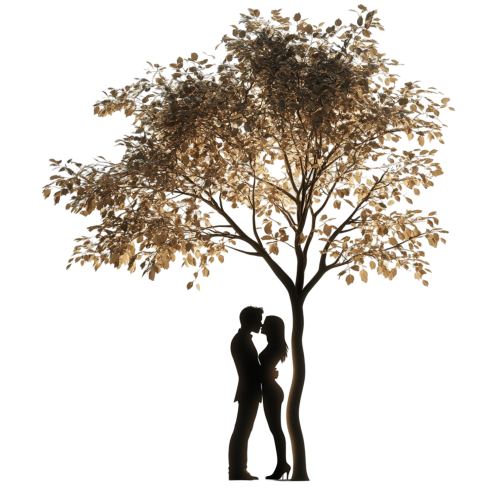 Silhouette of Couple Sharing a Kiss Beneath a Tree on Transparent Background png