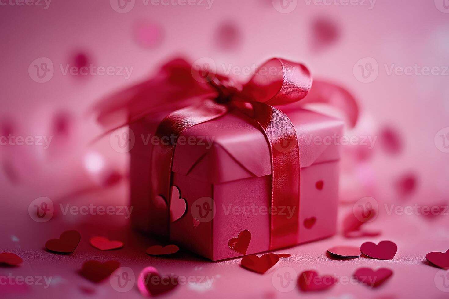 An elegant Valentine's Day gift box with a pink ribbon and heart-shaped confetti, soft pink background for the perfect romantic composition. Concept of love, celebration photo