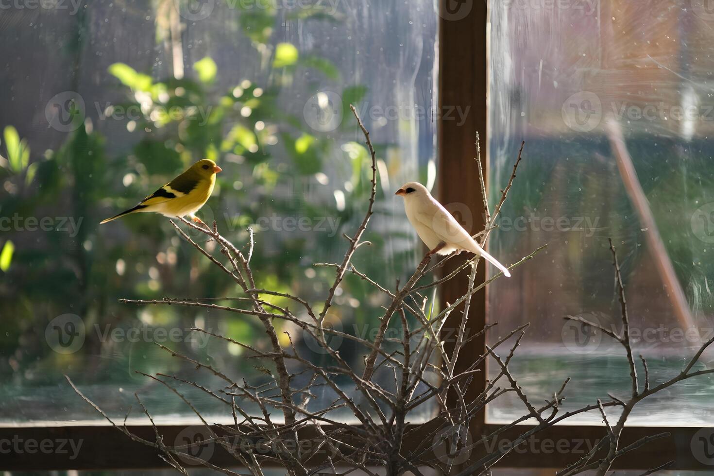 Yellow and white birds perch in an aviary, sunlight highlights greenery outside photo