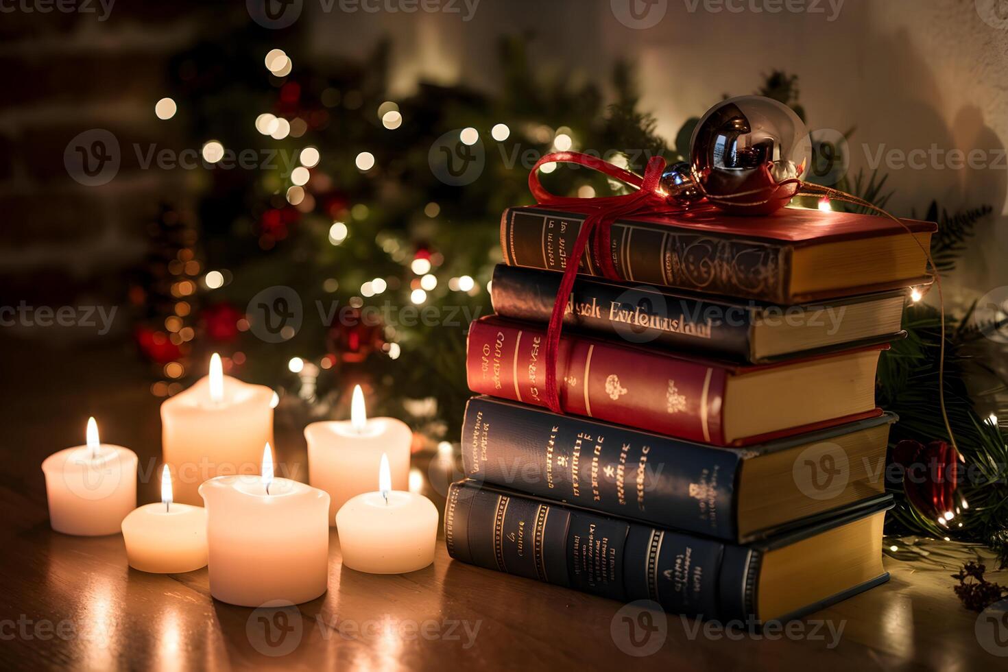 Vintage books, ornament, and candles create warm, intimate holiday ambiance photo