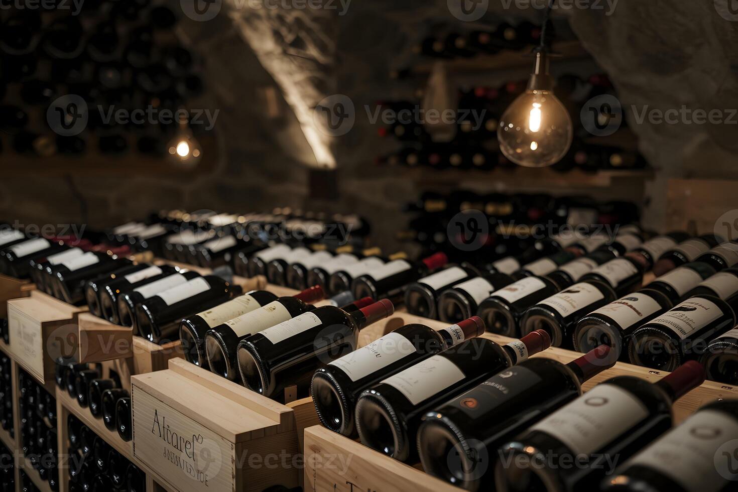 Wooden wine racks in dim light evoke sophisticated wine appreciation ambiance photo