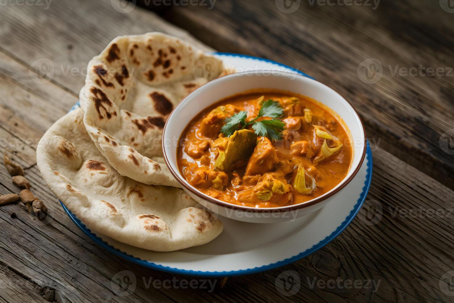 Flatbreads and curry bowl create comforting, rustic meal on wooden table photo