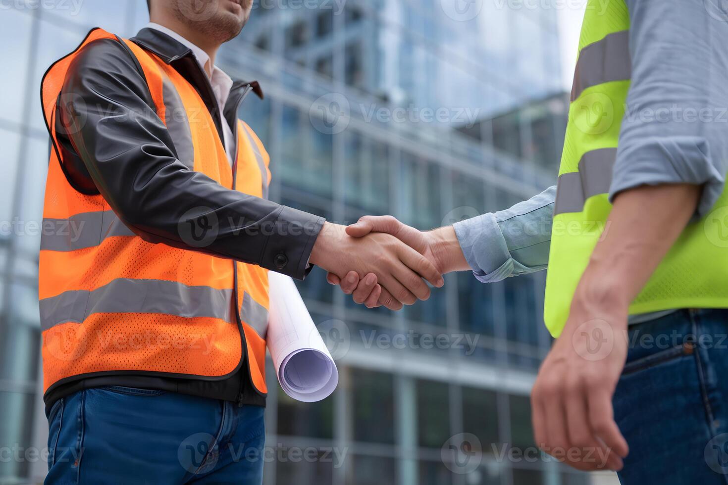 Construction workers shake hands, modern building backdrop symbolizes collaboration photo