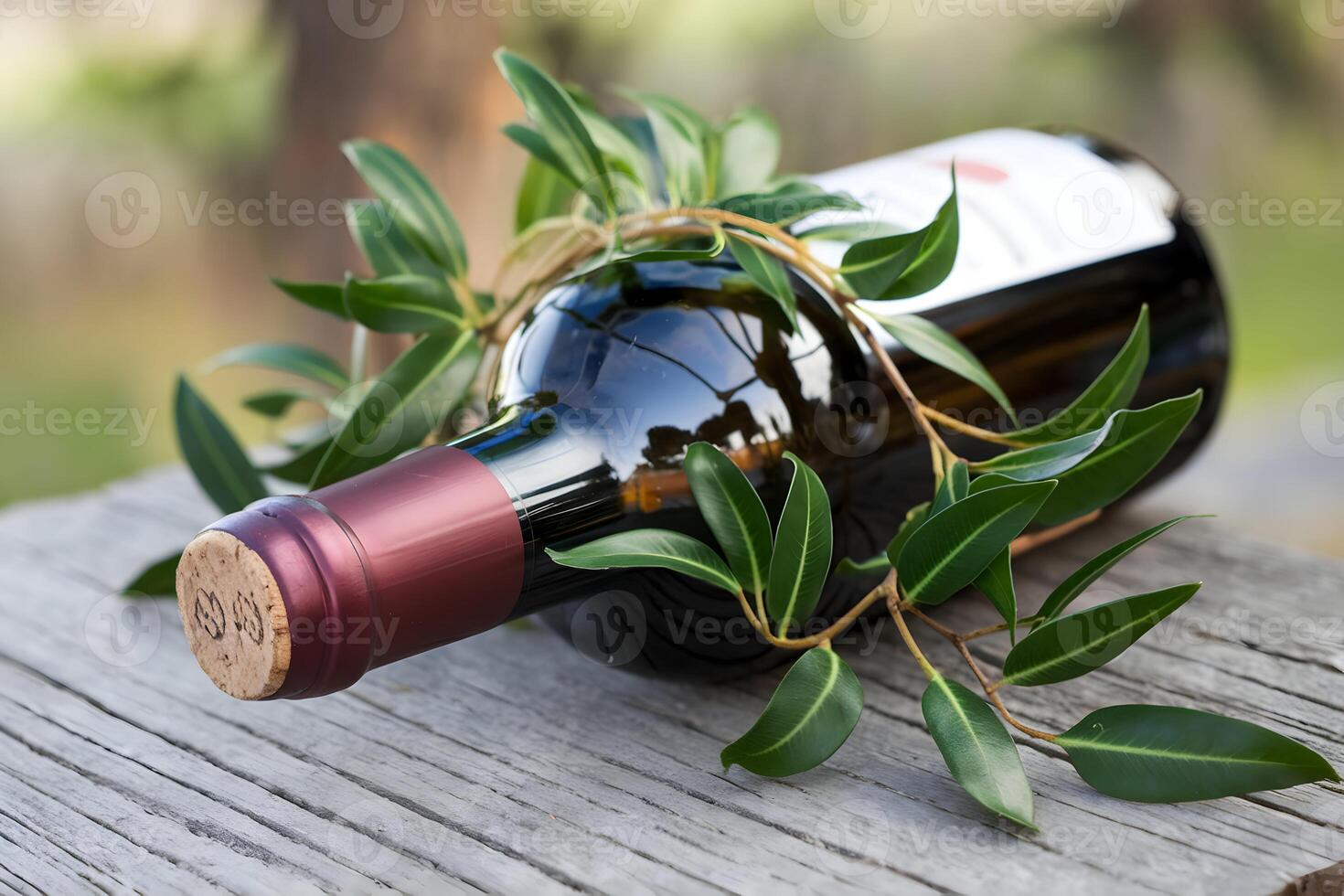 Wine bottle with green leaves highlights natural, rustic charm outdoors photo