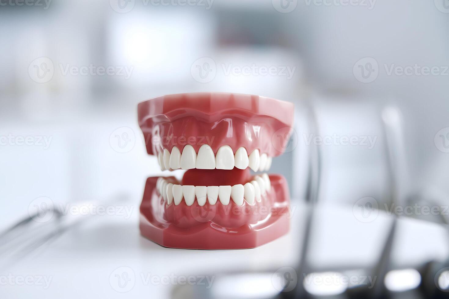 Dental model on clean surface, precise teeth arrangement in clinical setting photo