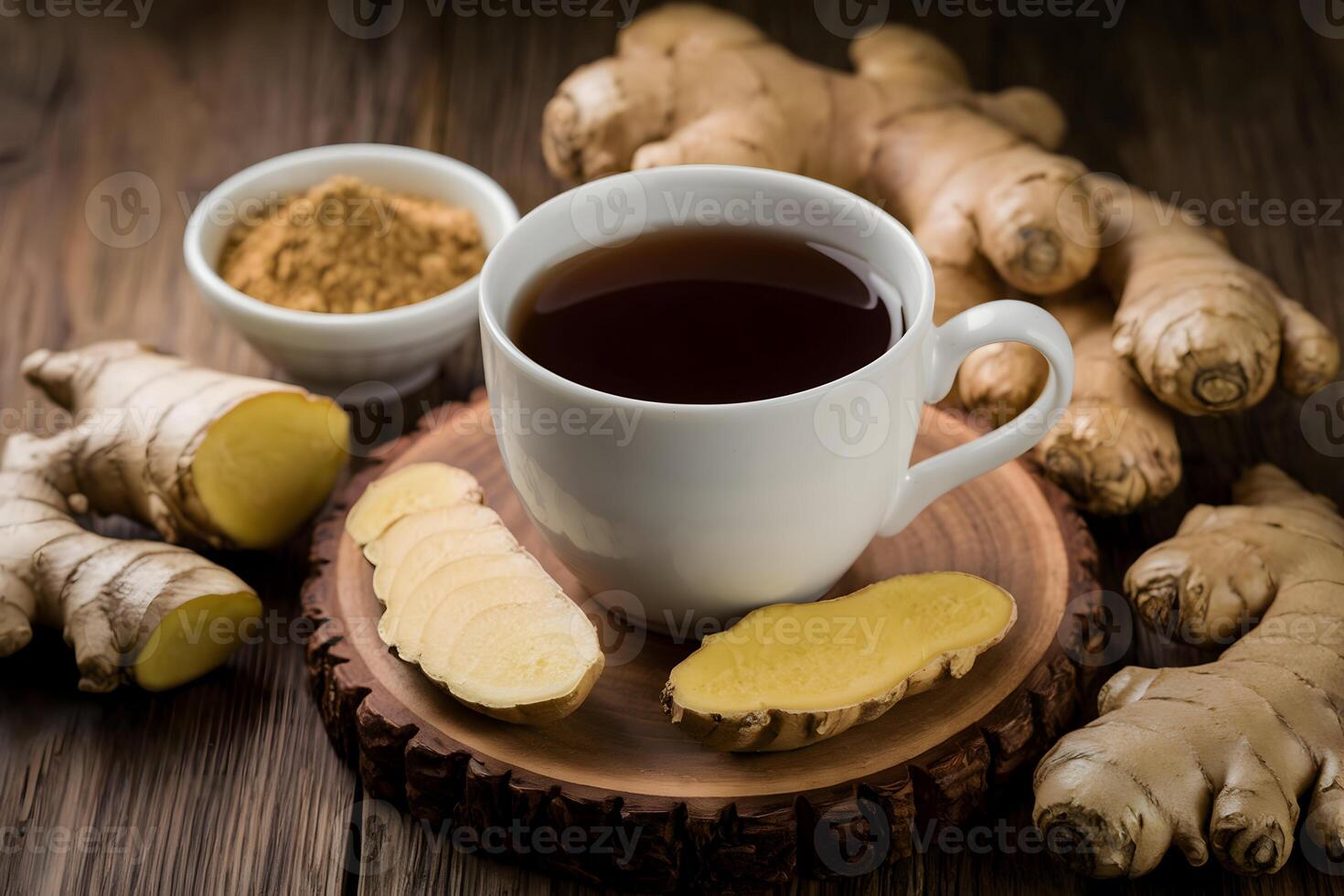 Cup of tea with ginger slices on rustic wooden backdrop photo