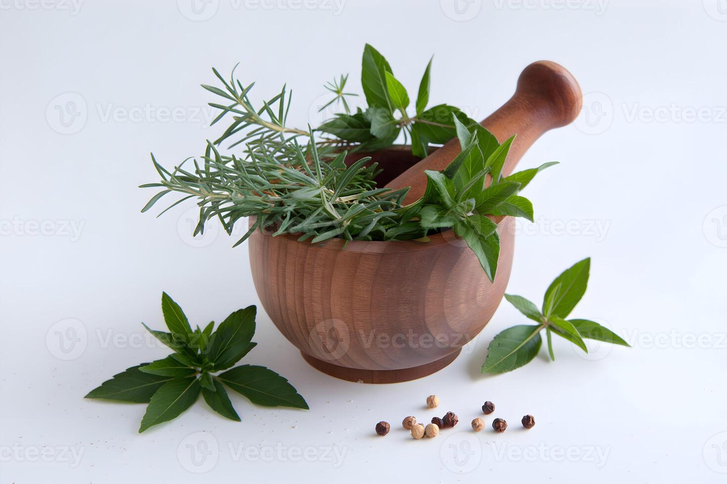 Wooden mortar and fresh herbs emphasize rustic, natural beauty photo