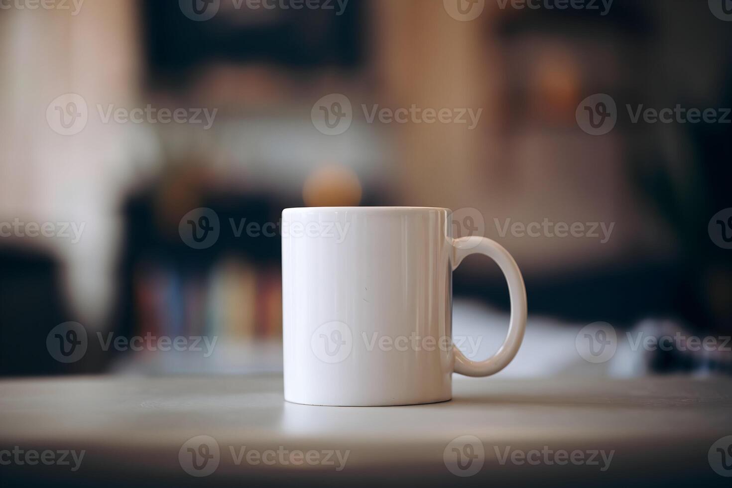 White mug on blurred indoor background, conveying comfort and simplicity photo