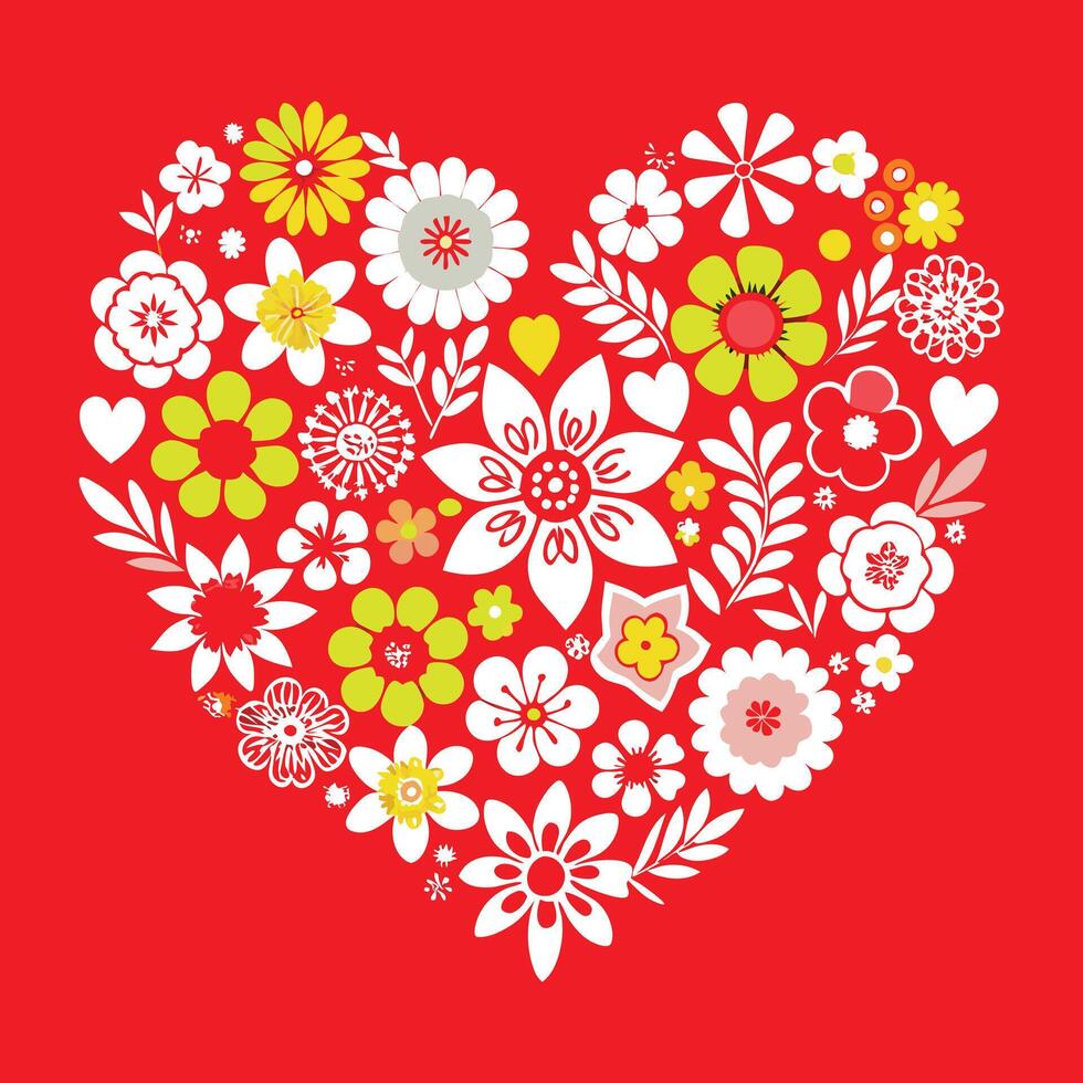a heart shaped floral arrangement on a red background vector