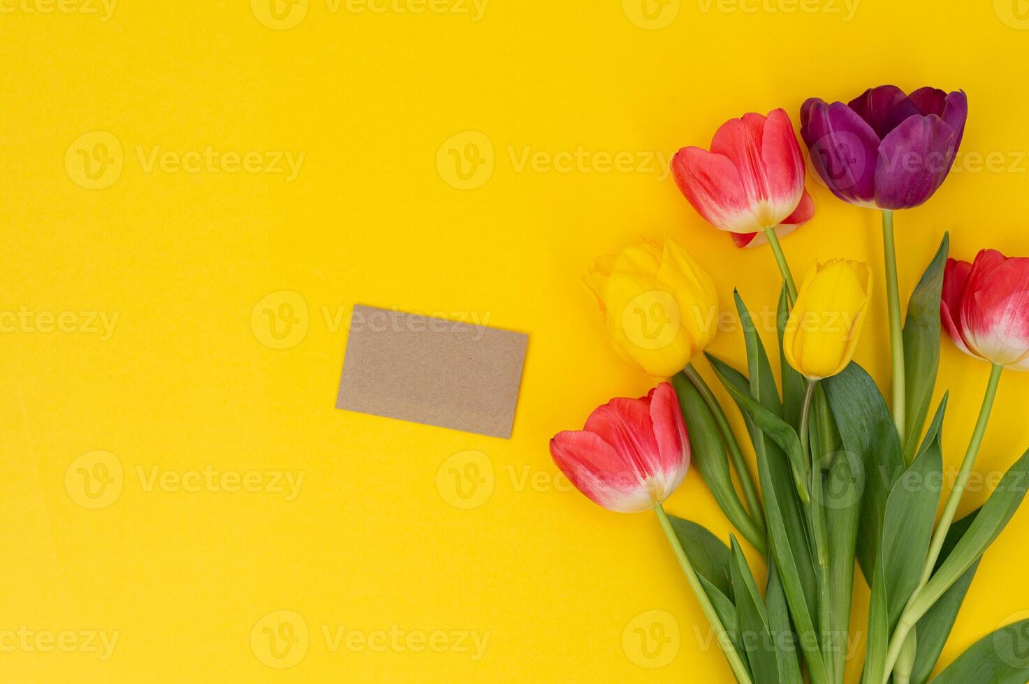 Bright tulips on vibrant yellow background with blank card photo