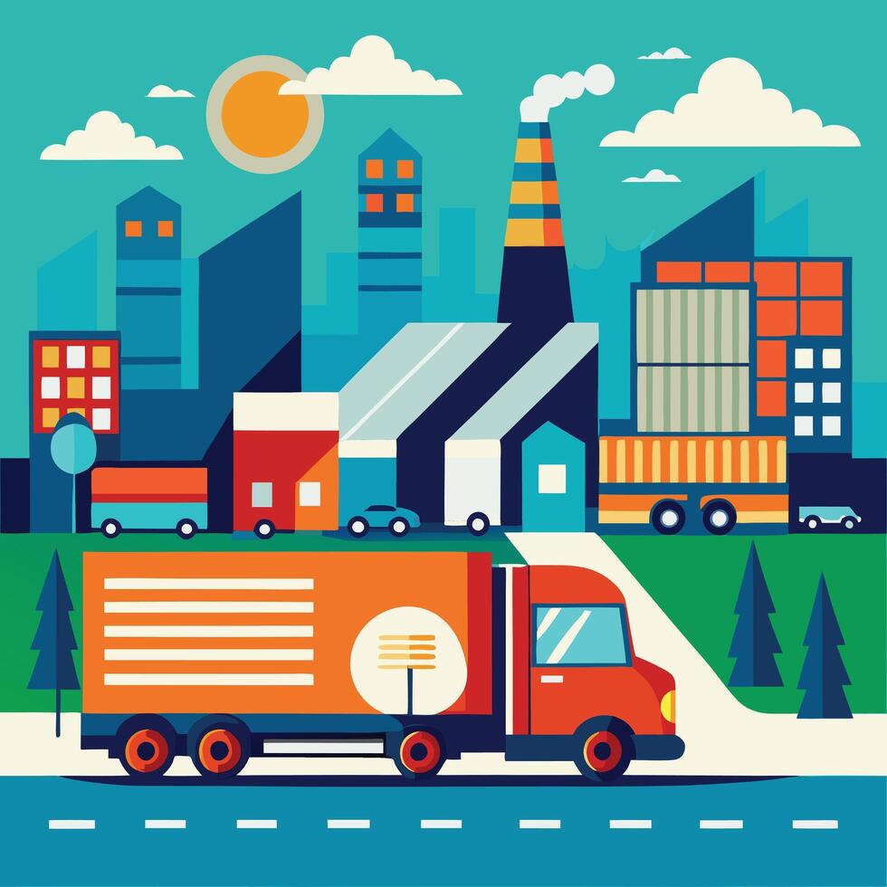 an illustration of a truck driving through a city vector