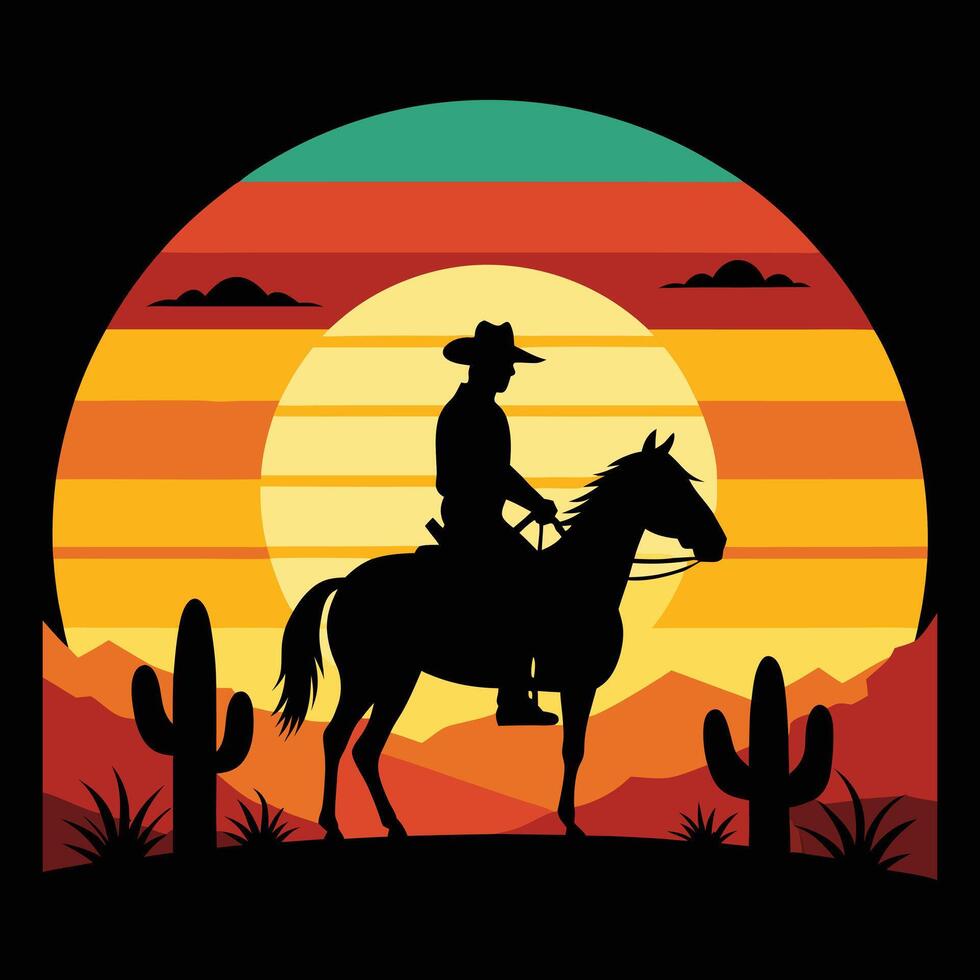 cowboy riding horse in desert at sunset vector