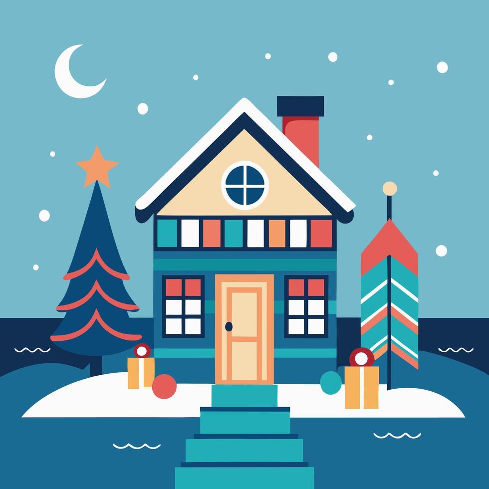 Christmas house with Christmas tree and presents vector