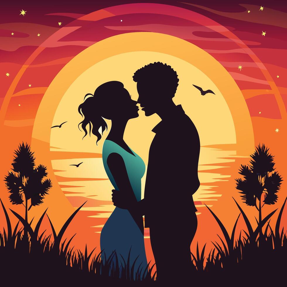 silhouette of a couple kissing in front of a sunset vector