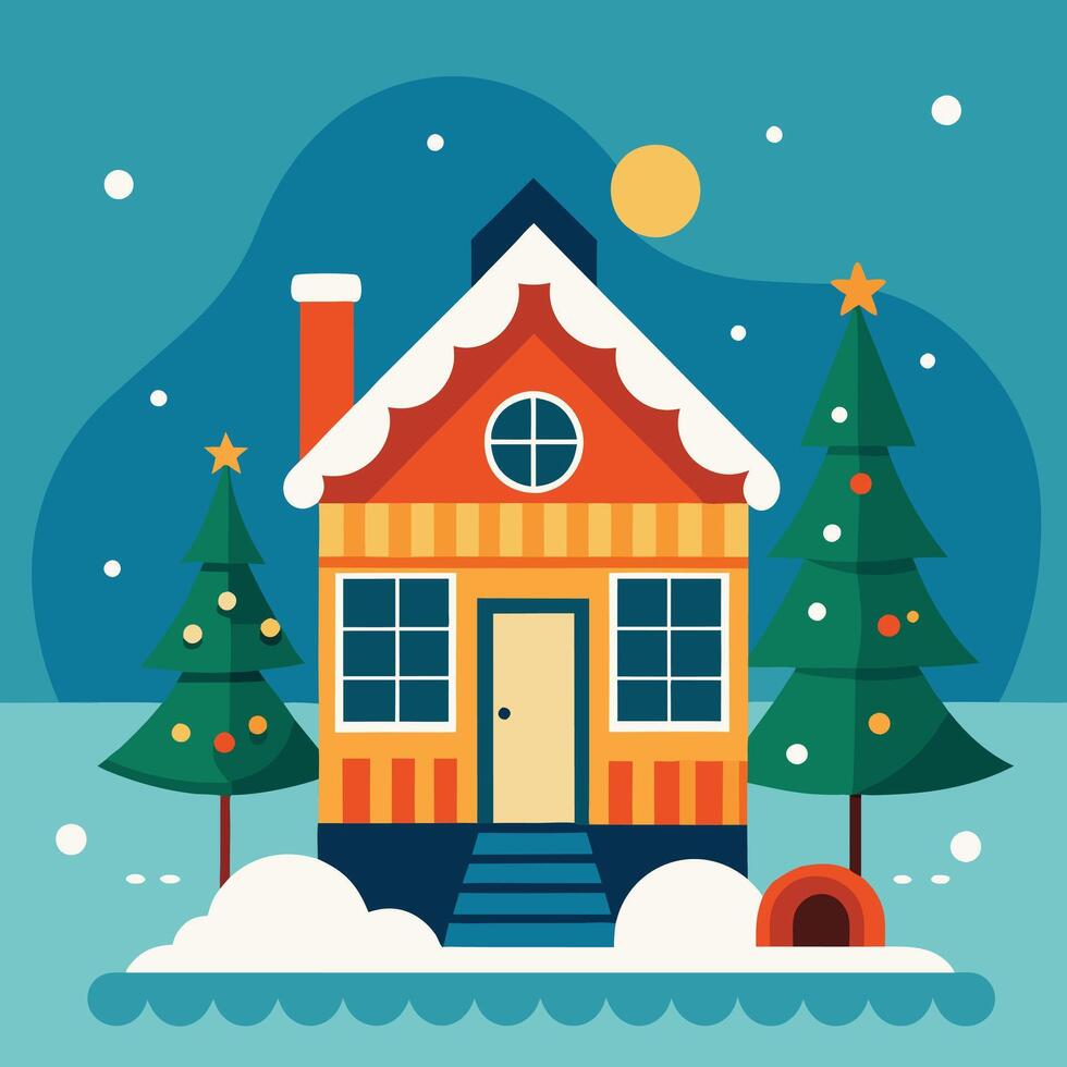 Christmas house with snow and trees vector