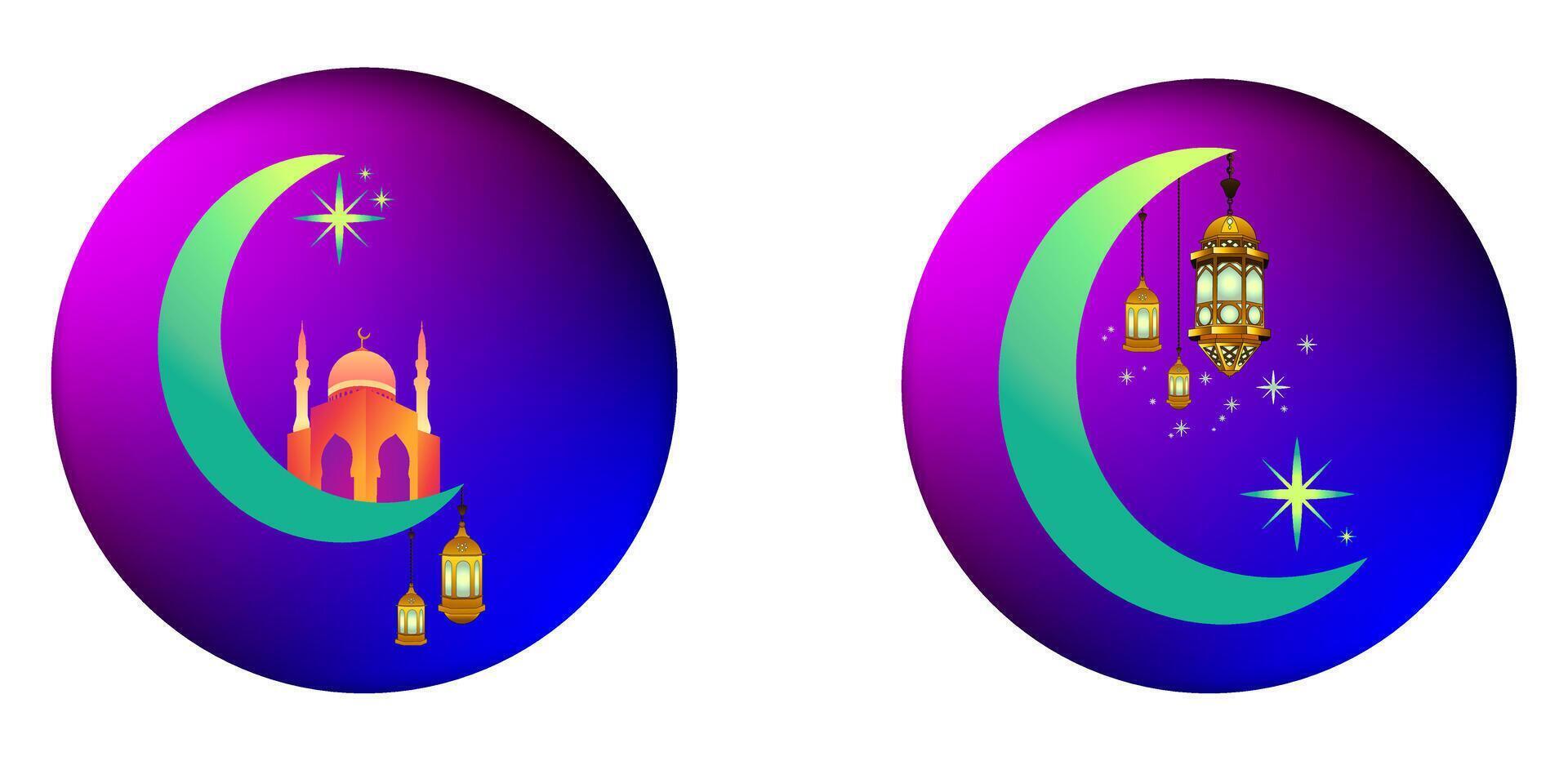 Set of Ramadan and Eid al-Fitr illustrations, with modern gradient mesh technique. Design needs, including greeting cards, posters, digital banners, social media, invitations, or religious events vector