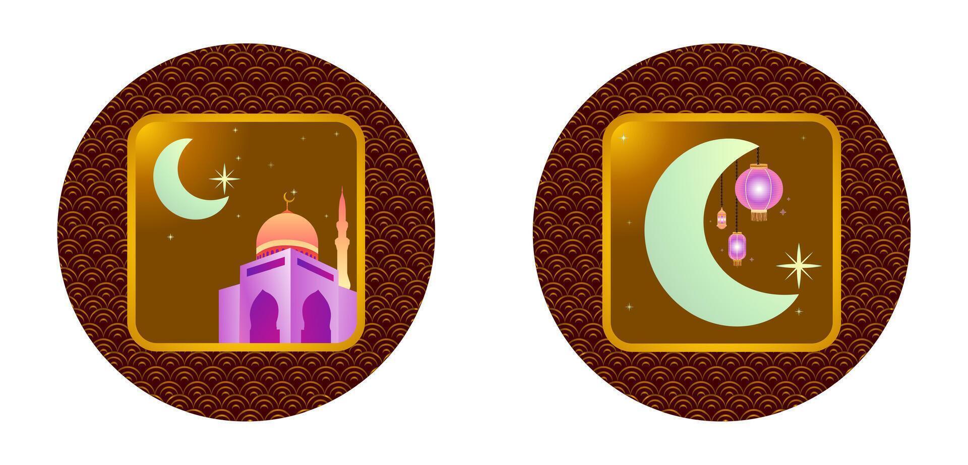 Set of Ramadan and Eid al-Fitr illustrations, with modern gradient techniques. Design needs, including greeting cards, posters, digital banners, social media, invitations, or religious events vector