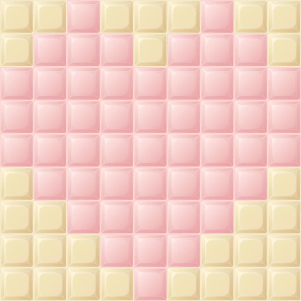White chocolate bar square shape with sweetmeat strawberry flavor as heart shape 8 bit style graphic illustration. vector