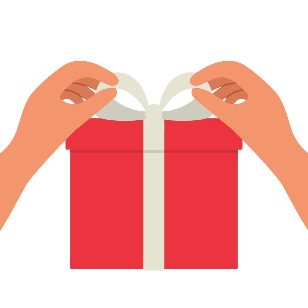 Hands tying a white bow on a red gift box vector