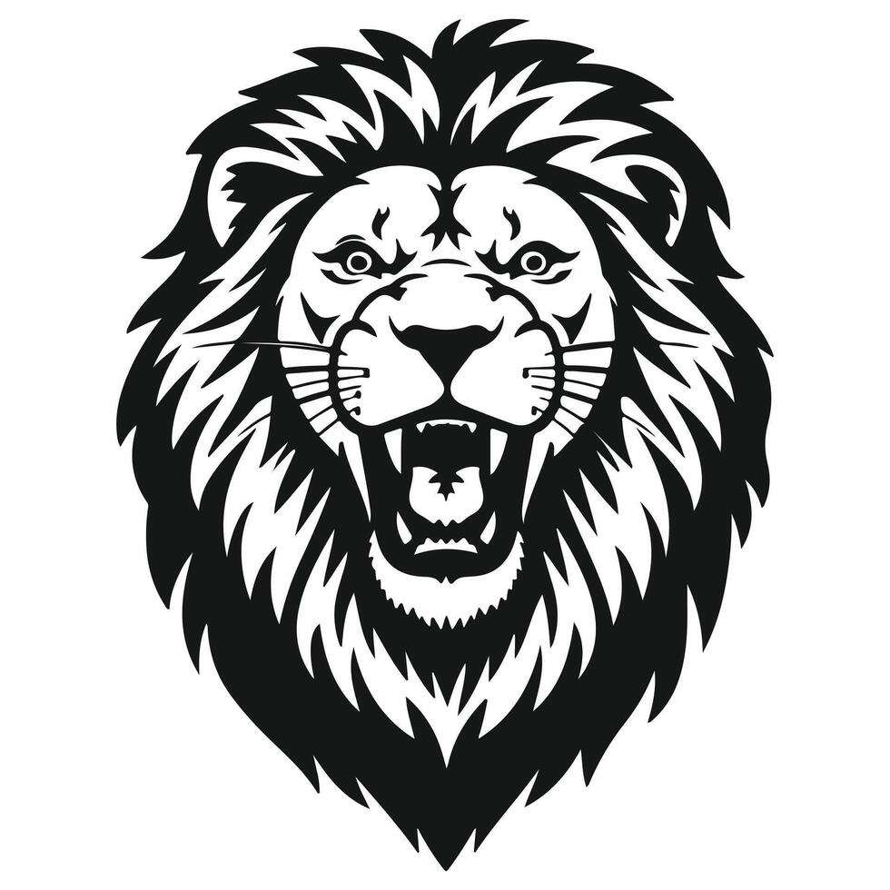 A striking lion head icon silhouette, defined by its flowing mane and fierce gaze, representing power, bravery, and royal dignity. vector