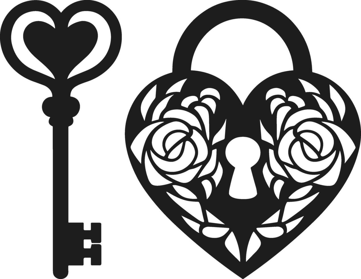 Ornate Heart Lock and Key Silhouette Illustration vector