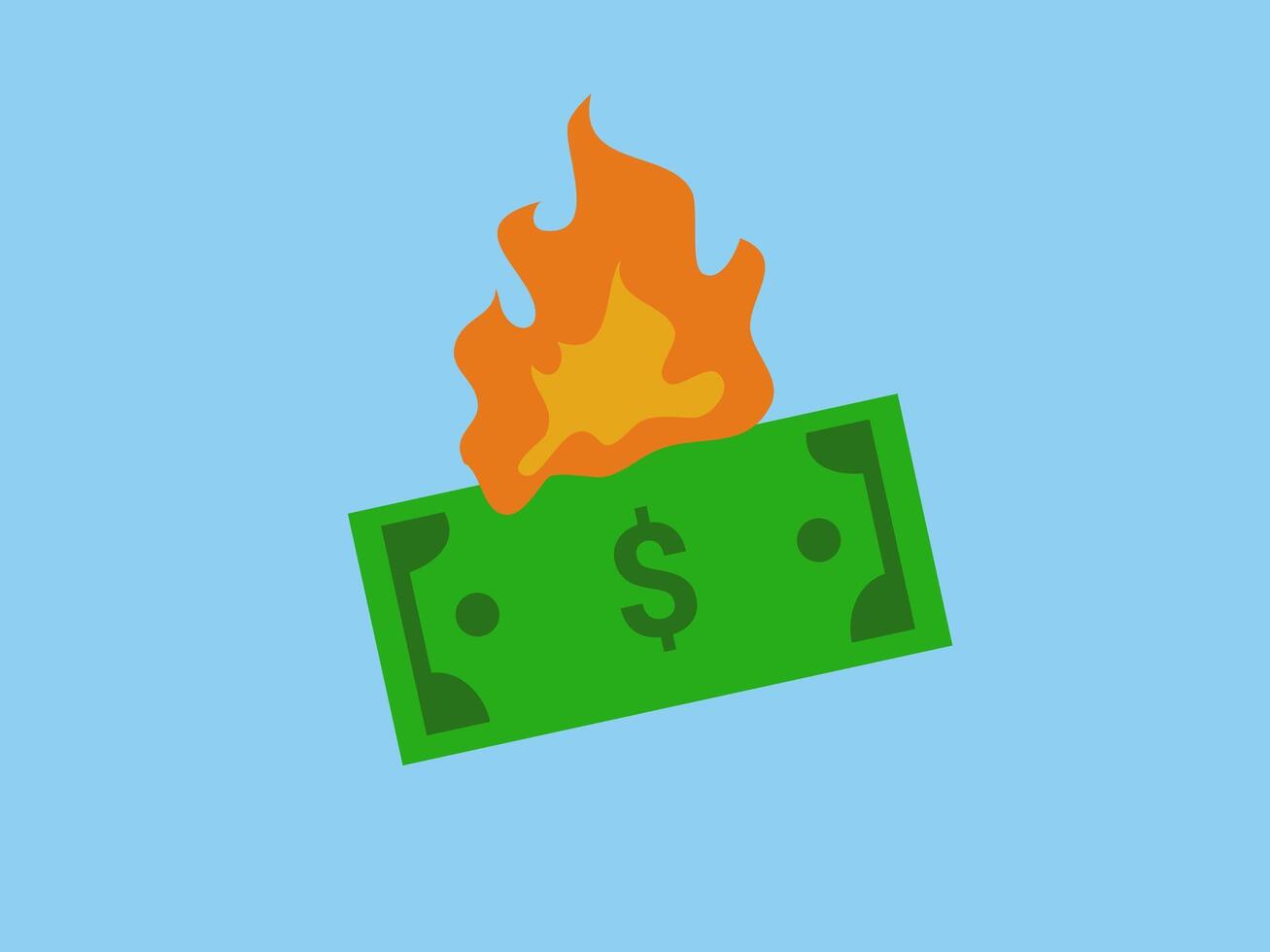 Orange and yellow flames are seen burning the top of the banknote vector